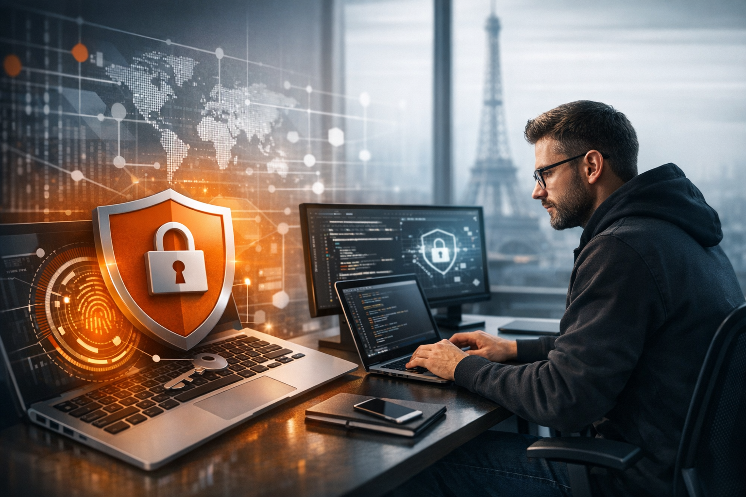Spécialiste en sécurité informatique codant sur un ordinateur avec un bouclier de protection et la Tour Eiffel en fond