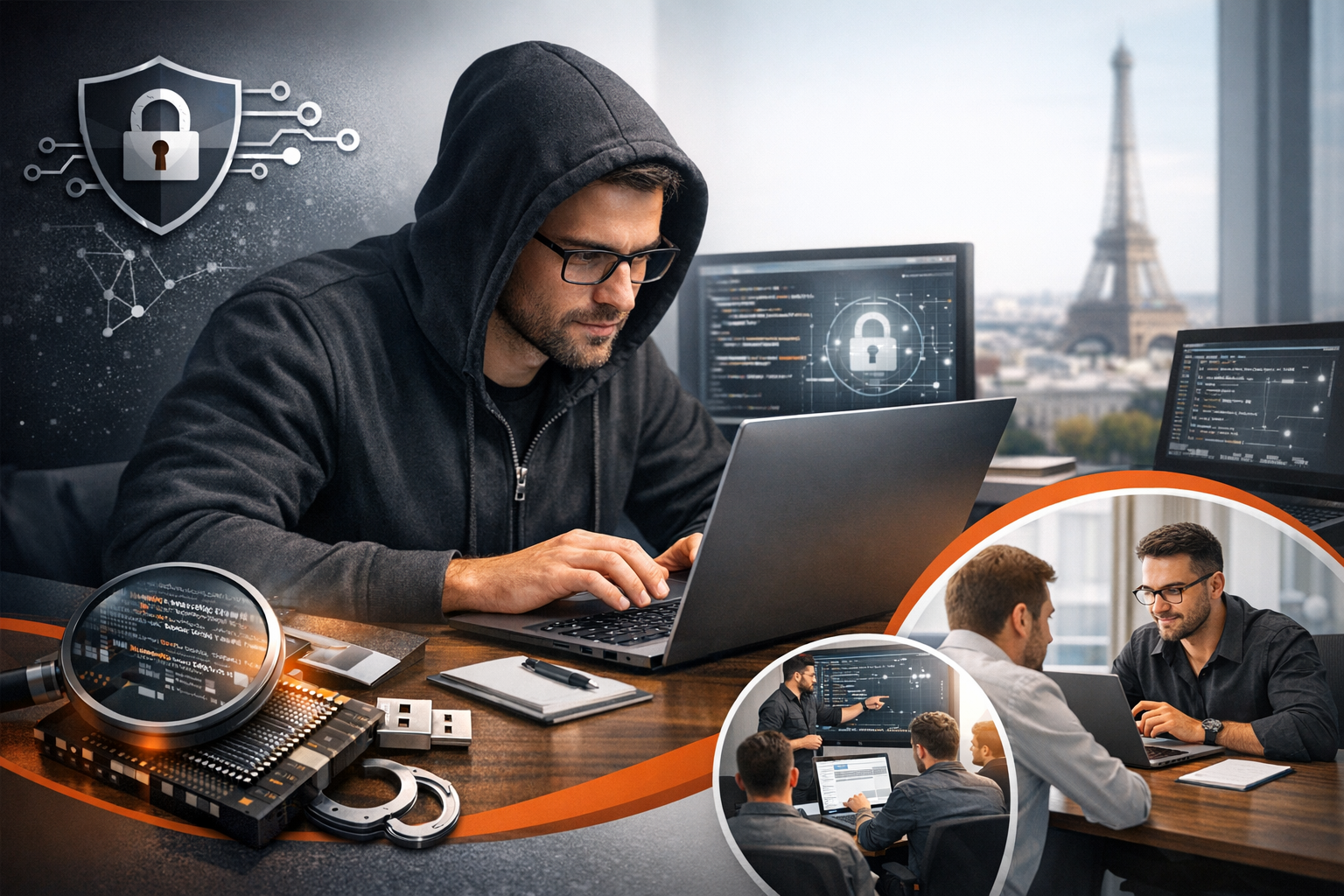 Hacker éthique analysant du code sur un ordinateur avec des icônes de cybersécurité et la Tour Eiffel en arrière-plan