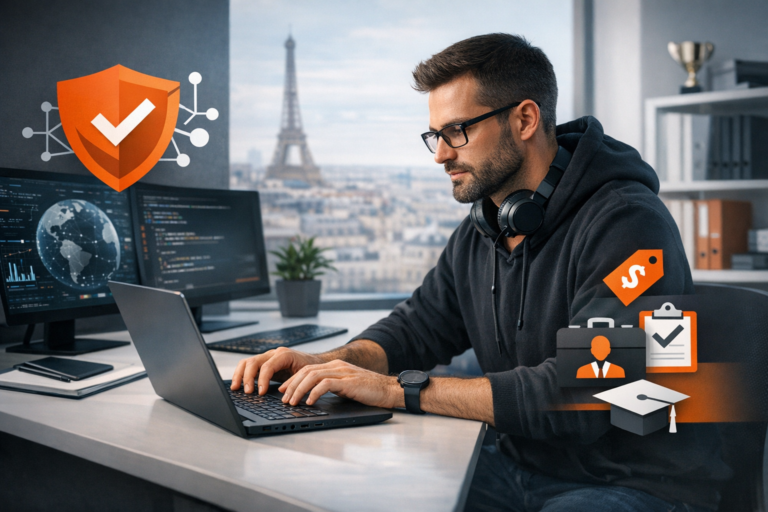 Expert en cybersécurité travaillant sur un ordinateur portable avec un bouclier de protection numérique et la Tour Eiffel en arrière-plan