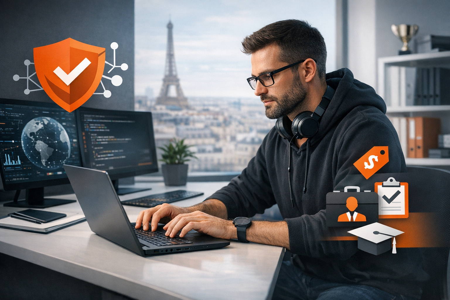 Expert en cybersécurité travaillant sur un ordinateur portable avec un bouclier de protection numérique et la Tour Eiffel en arrière-plan